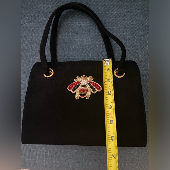 Vintage 2 Pieces Black Suede Leather Top Handle Handbag Gold Hardware Bee Accent - Picture 13 of 16